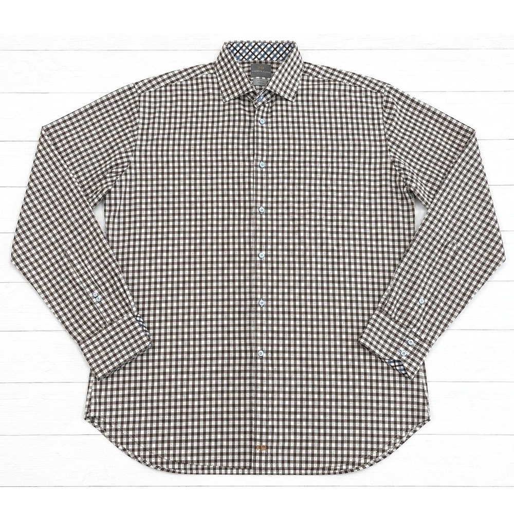 Thomas Dean Button Down Shirt Mens Brown Gingham Pima Cotton Check L 4151